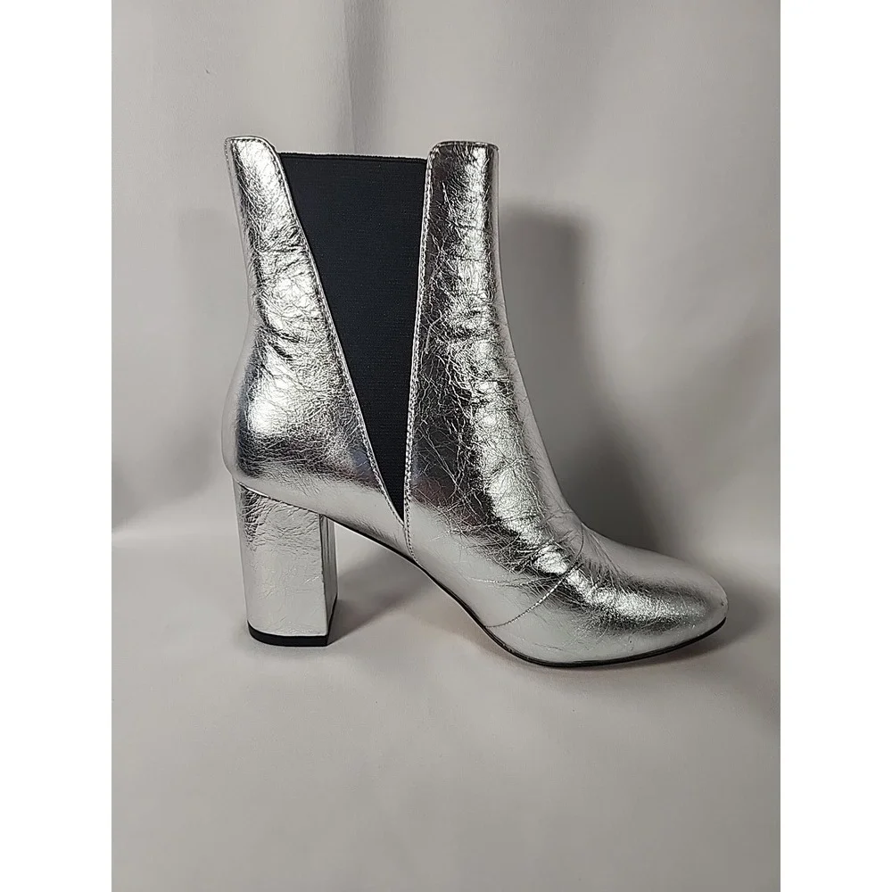 REBECCA MINKOFF Silver Serena Block Heel Slip On Leather Chelsea Booties Women 6